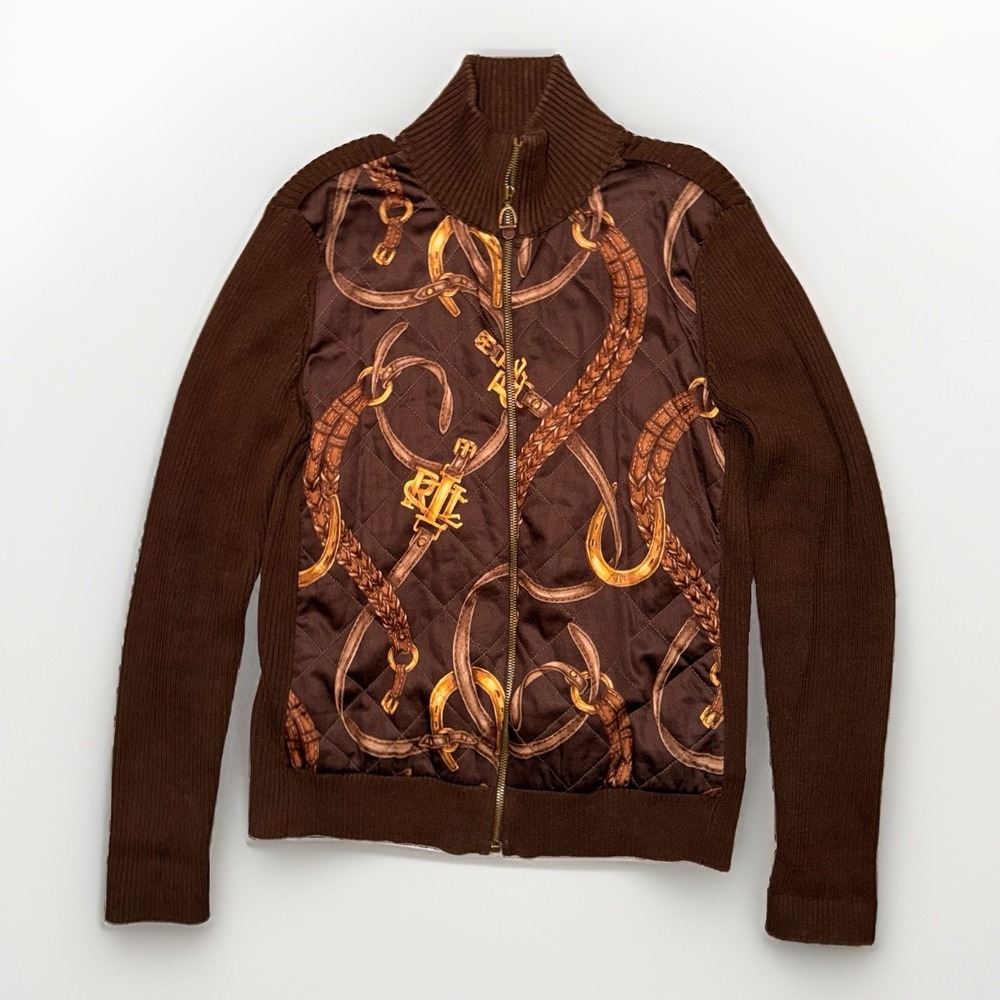 Ralph Lauren Equestrian Chain Bit Horse Brown Quilted Sweater Full Zip Large L